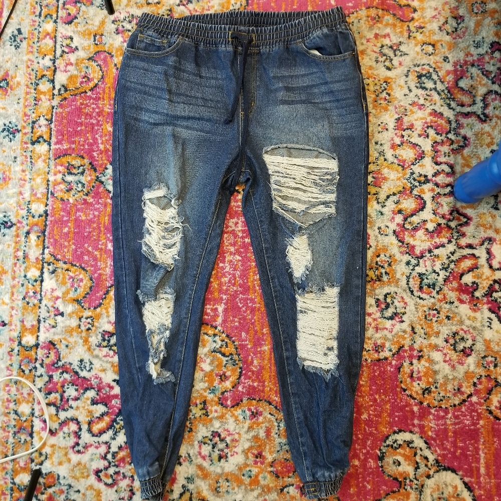 Forever 21 Distressed Denim Joggers Sz 12